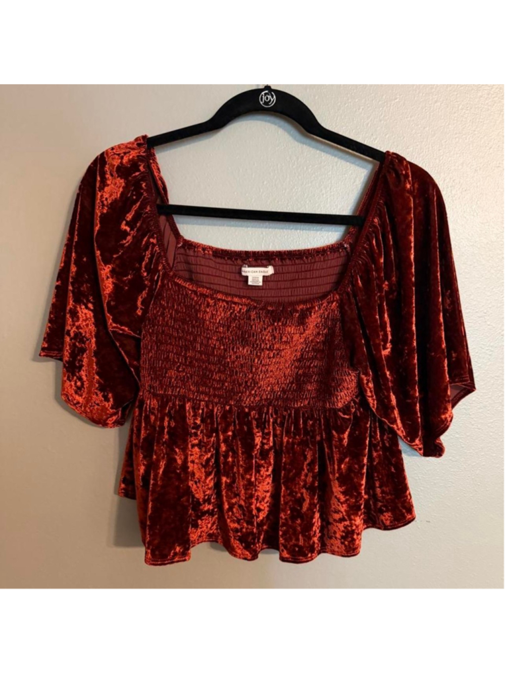 American Eagle burnt rust orange crushed velvet babydoll top with a square neckl